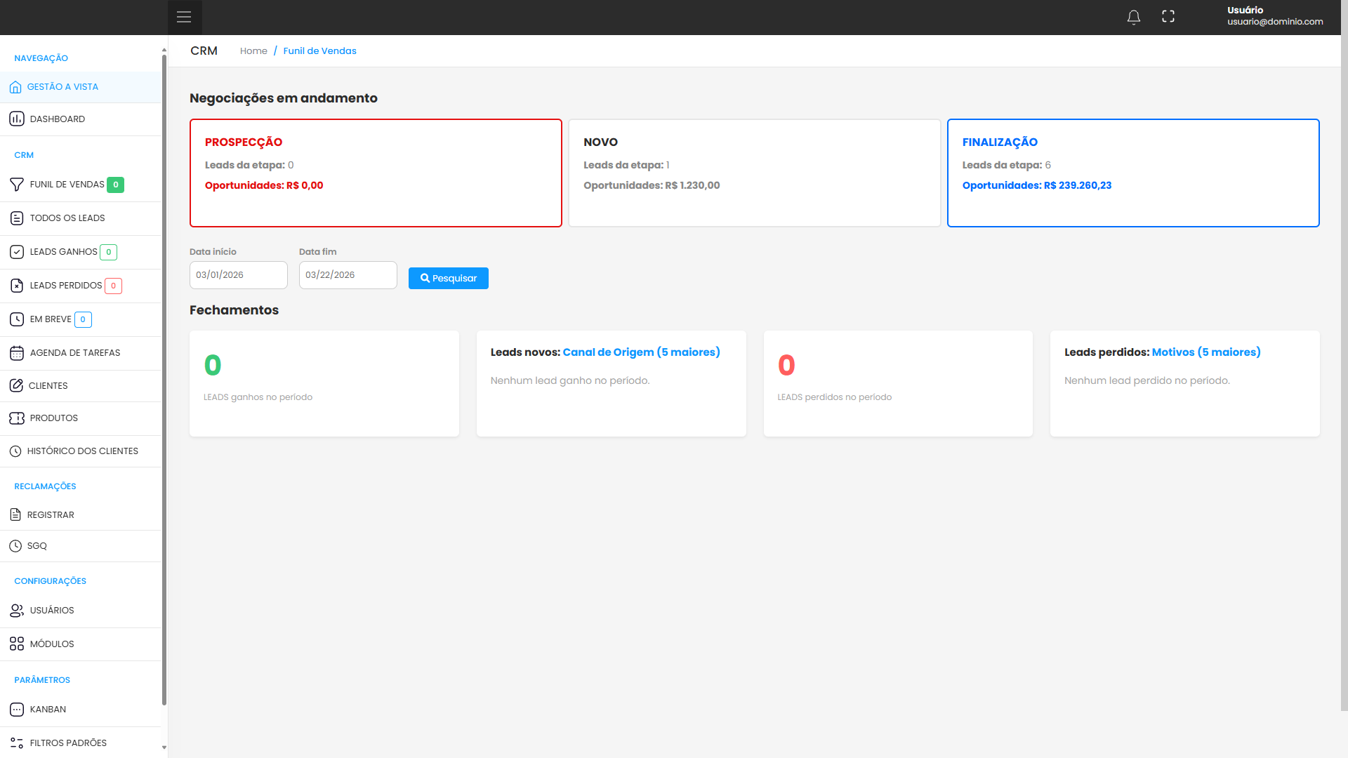 Processo comercial no MetalCRM