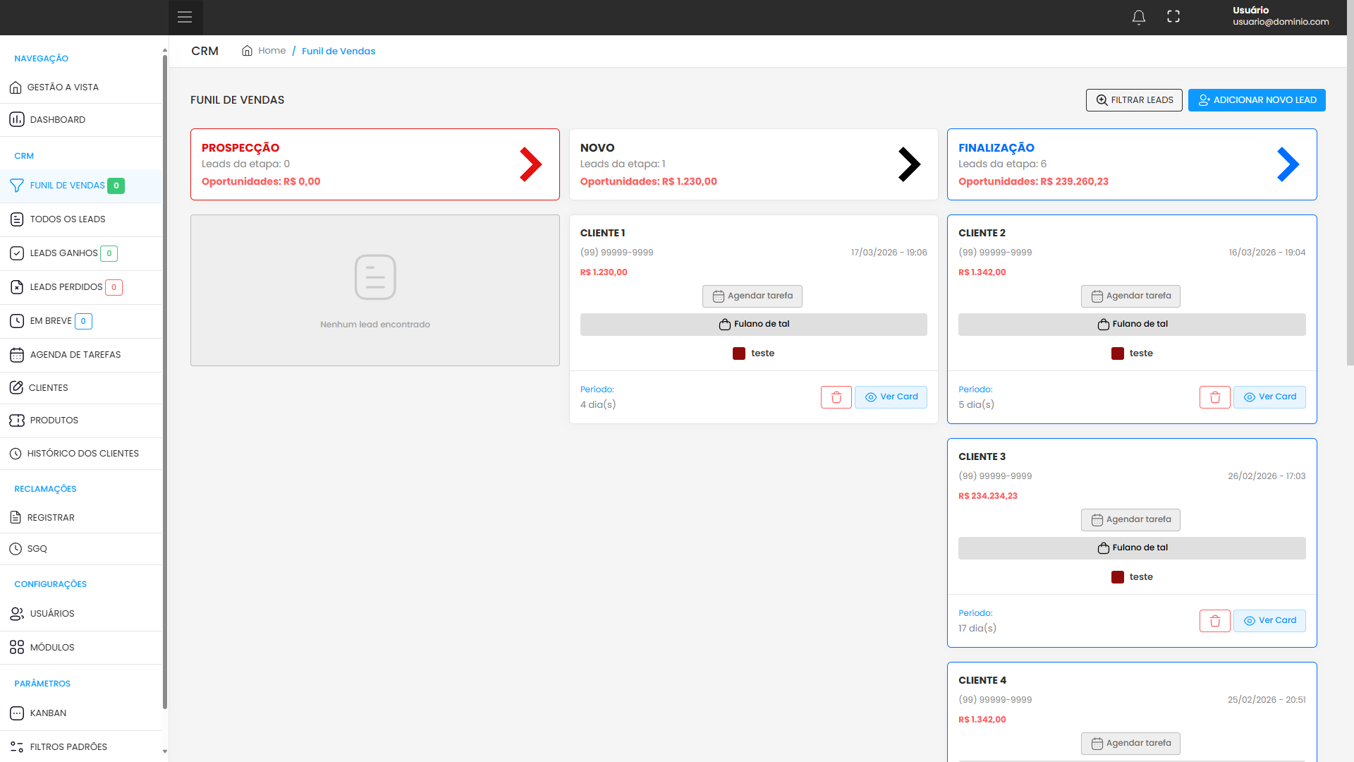 MC Metal CRM — Funil Kanban